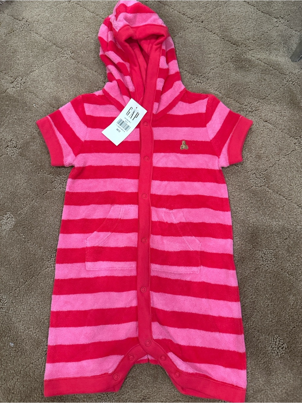 GAP Striped Hooded Terry Romper - Hot Pink & Red
